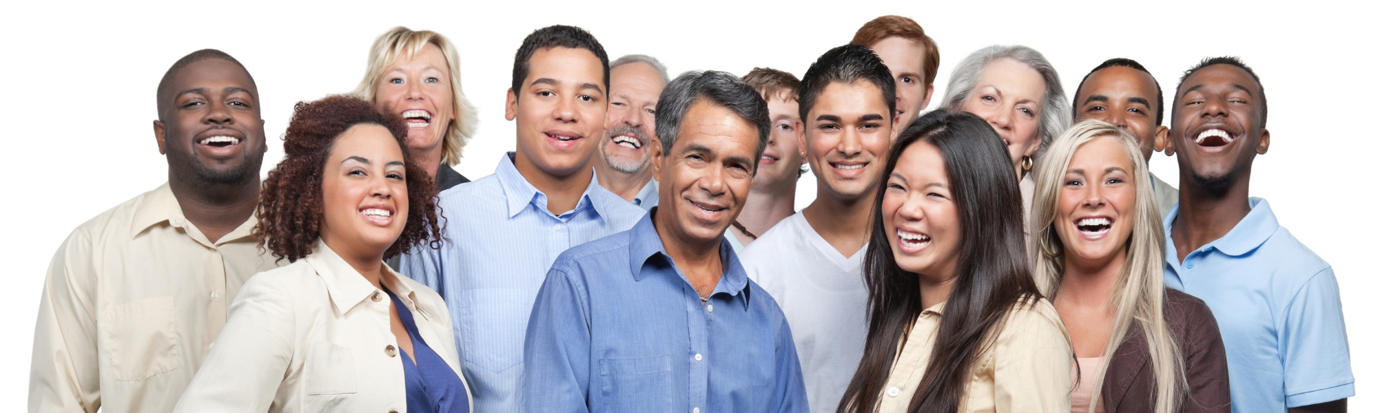 Group of people smiling against a white background 